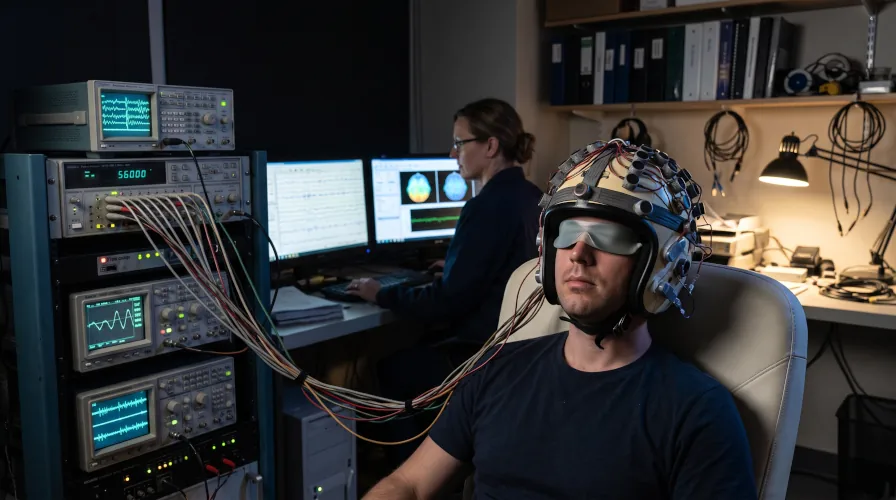 Dispositif expérimental de stimulation magnétique des lobes temporaux en neurosciences.