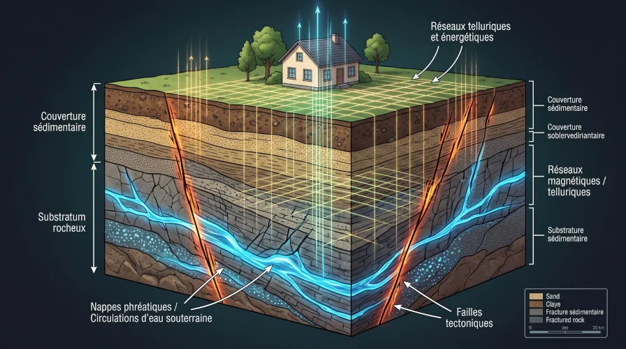 Coupe géologique du sous-sol montrant failles tectoniques, veines d'eau et réseaux telluriques sous une habitation.