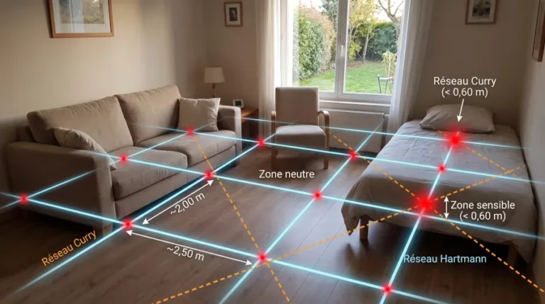 Schéma 3D des réseaux telluriques Hartmann et Curry dans une chambre et un salon, montrant les nœuds sensibles et la zone neutre pour le placement d'un lit.
